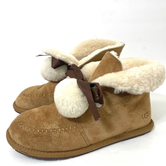 UGG Shoes - UGG Kallen Slouch Boots Tan Suede With Sheepskin Pom Poms 7588 size 9